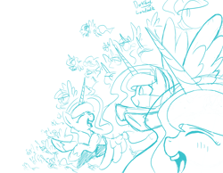 Size: 1280x995 | Tagged: safe, artist:darkflame75, princess luna, alicorn, pony, lunadoodle, monochrome, multeity