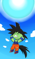 Size: 1500x2500 | Tagged: safe, artist:skitter, oc, oc only, oc:anon filly, earth pony, pony, semi-anthro, boots, clothes, cloud, crossover, dragon ball z, eyes closed, female, filly, goku, gritted teeth, shoes, solo, spirit bomb, torn clothes, wristband