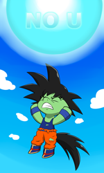 Size: 614x1024 | Tagged: safe, artist:skitter, edit, oc, oc only, oc:anon filly, earth pony, pony, semi-anthro, boots, clothes, cloud, crossover, dragon ball z, eyes closed, female, filly, goku, gritted teeth, shoes, solo, spirit bomb, torn clothes, wristband