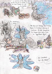 Size: 2465x3472 | Tagged: safe, artist:grimmyweirdy, nightmare moon, twist, oc, oc:nyx, alicorn, comic:darkest nightmare night, aluminum foil, bags, candy, clothes, costume, crusader, fake cutie mark, fantasy class, food, knight, nightmare night, nightmare night costume, nightmare nyx, older, paladin, sacrifice, skeleton costume, statue, thick, warrior
