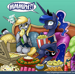 Size: 800x790 | Tagged: safe, artist:johnjoseco, edit, derpy hooves, princess celestia, princess luna, twilight sparkle, alicorn, pegasus, pony, american football, ask gaming princess luna, chips, female, mare, pizza, popcorn, princess molestia, soda, super bowl