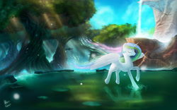 Size: 1920x1200 | Tagged: safe, artist:rain-gear, princess celestia, alicorn, pony, lilypad, pond, scenery, solo, water, waterfall