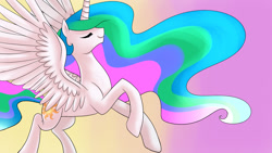 Size: 1920x1080 | Tagged: safe, artist:richardinya, princess celestia, alicorn, pony, eyes closed, flowy mane, gradient background, profile, smiling, solo