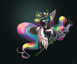 Size: 2383x2000 | Tagged: dead source, safe, artist:polkin, princess celestia, alicorn, pony, armor, dark magic, evil, halberd, magic, solo, sombra eyes, tyrant celestia, weapon