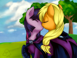 Size: 1024x768 | Tagged: dead source, safe, artist:melancholysanctuary, derpibooru import, applejack, mare do well, twilight sparkle, earth pony, pony, unicorn, clothes, costume, eyes closed, female, kissing, lesbian, mare, shipping, twijack