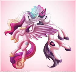 Size: 900x861 | Tagged: safe, artist:inuhoshi-to-darkpen, princess cadance, shining armor, alicorn, pony, unicorn, eyes closed, female, magic, male, mare, stallion, unshorn fetlocks