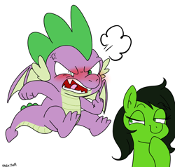 Size: 1000x950 | Tagged: safe, anonymous artist, spike, oc, oc:anon filly, dragon, earth pony, pony, /mlp/, 4chan, angry, drawthread, duo, female, filly, simple background, smug, white background