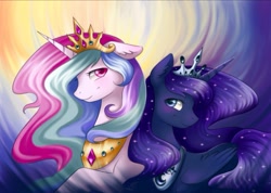 Size: 1024x729 | Tagged: safe, artist:mausefang, princess celestia, princess luna, alicorn, pony, blushing, bust, colored pupils, duo, ear fluff, female, floppy ears, looking at you, mare, portrait, sisters, smiling, wingding eyes