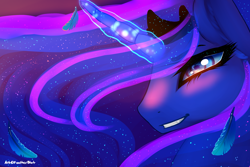 Size: 3000x2000 | Tagged: safe, artist:featherblot, princess luna, alicorn, pony, bust, fangs, feather, grin, solo