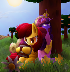 Size: 1744x1792 | Tagged: safe, artist:rouletteobsidian, apple bloom, princess cadance, alicorn, pony, cider, shruken head