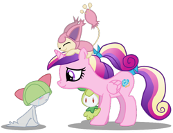 Size: 720x552 | Tagged: safe, artist:seaandsunshine, princess cadance, alicorn, pony, bow, crossover, crying, cute, female, hair bow, mare, petilil, pokémon, ralts, simple background, skitty, teen princess cadance, transparent background, vector, younger