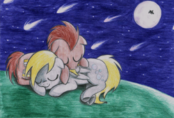 Size: 4023x2738 | Tagged: safe, artist:vickycupcake, derpy hooves, doctor whooves, princess luna, alicorn, pegasus, pony, doctorderpy, female, male, mare, shipping, sleeping, straight, traditional art