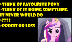 Size: 1056x618 | Tagged: safe, princess cadance, alicorn, pony, crown, female, horn, mare, meme, multicolored mane, solo, yellow words