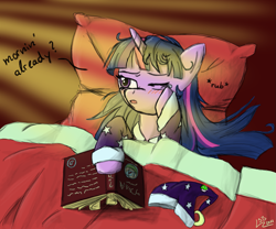 Size: 1439x1200 | Tagged: safe, artist:lifesequencebreak, derpibooru import, twilight sparkle, pony, unicorn, bed, book, clothes, female, hat, mare, morning ponies, nightcap, one eye closed, pajamas, tired