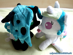 Size: 1024x767 | Tagged: safe, artist:zuckerschnuti, princess celestia, queen chrysalis, changeling, changeling queen, baby, irl, photo, plushie