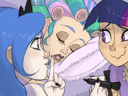 Size: 1600x1200 | Tagged: safe, artist:thelivingmachine02, princess celestia, princess luna, twilight sparkle, human, face doodle, hair curlers, humanized, incoming prank, light skin, lipstick, marker, nail polish, prank, sleeping, this will end in tears and/or a journey to the moon