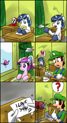 Size: 1024x1852 | Tagged: safe, artist:ciriliko, princess cadance, shining armor, alicorn, pony, unicorn, :3, colt, comic, creeper, crossover, luigi, shy guy, super mario bros., younger