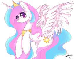 Size: 2000x1600 | Tagged: safe, artist:santagiera, princess celestia, alicorn, pony, cute, cutelestia, female, flying, get, jewelry, looking at you, mare, rearing, regalia, signature, simple background, smiling, solo, spread wings, wings