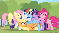 Size: 1920x1080 | Tagged: safe, artist:gratlofatic, derpibooru import, applejack, fluttershy, pinkie pie, rainbow dash, rarity, twilight sparkle, earth pony, pegasus, pony, unicorn, the return of harmony, cute, dashabetes, diapinkes, female, group, group hug, hatless, hug, jackabetes, mane six, mare, missing accessory, raribetes, shyabetes, twiabetes, vector, wallpaper