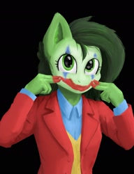 Size: 1671x2173 | Tagged: safe, artist:kumakum, oc, oc only, oc:anon filly, anthro, earth pony, arthur fleck, clothes, face paint, female, joker (2019), looking at you, makeup, shirt, smiling, solo, the joker
