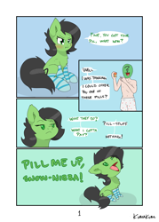 Size: 3114x4354 | Tagged: safe, artist:kumakum, oc, oc only, oc:anon, oc:anon filly, earth pony, pony, comic:anon filly casting couch, blushing, boxers, clothes, comic, dialogue, female, filly, insult, open mouth, pills, puffy cheeks, sitting, socks, speech bubble, striped socks, underwear