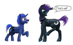 Size: 2575x1591 | Tagged: safe, artist:vasillium, prince artemis, princess luna, oc, oc:nox (rule 63), oc:nyx, alicorn, pony, accessories, adorable face, adorkable, alicorn oc, artemabetes, clothes, colt, cute, cutie mark, diabetes, dork, ears up, exclamation point, eyes open, glasses, happy, horn, jewelry, looking, looking back, looking up, male, moon, necklace, nostrils, nyxabetes, one hoof raised, open mouth, palette swap, ponytail, prince, recolor, regalia, royalty, rule 63, rule63betes, shield, simple background, smiling, speech bubble, stallion, standing, symbol, talking, teeth, text, transparent background, wall of tags, wings