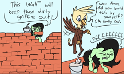 Size: 1000x600 | Tagged: safe, artist:happy harvey, oc, oc only, oc:anon filly, griffon, pony, blushing, brick, brick wall, bucket, cement, colored, comic, dialogue, didn't think this through, female, fffuuuuu, filly, flying, lip bite, male, stupidity, wall