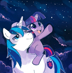 Size: 910x921 | Tagged: safe, artist:suikuzu, derpibooru import, shining armor, twilight sparkle, unicorn twilight, pony, unicorn, brother and sister, cloud, duo, female, filly, foal, lidded eyes, looking at something, male, night, night sky, open mouth, pointing, ponies riding ponies, raised hoof, siblings, smiling, stallion, stars, underhoof