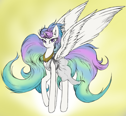 Size: 1672x1540 | Tagged: safe, artist:vicmanone, princess celestia, alicorn, pony, female, horn, mare, missing accessory, multicolored mane, multicolored tail, solo, white coat, white wings, wings