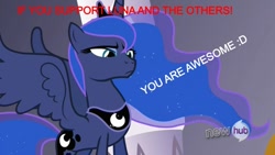 Size: 1253x705 | Tagged: safe, screencap, princess luna, alicorn, pony, female, horn, hub logo, mare, solo