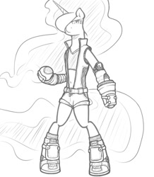 Size: 500x574 | Tagged: safe, artist:redhotkick, princess luna, pony, asuka kazama, bipedal, cosplay, crossover, hair over one eye, monochrome, sketch, solo, tekken