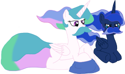 Size: 2633x1554 | Tagged: safe, artist:dashiekitten, princess celestia, princess luna, alicorn, pony, blank flank, moustache, prone, simple background