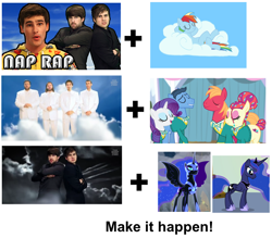 Size: 1142x999 | Tagged: safe, big macintosh, nightmare moon, princess luna, rainbow dash, rarity, toe-tapper, torch song, alicorn, earth pony, pegasus, pony, unicorn, exploitable meme, make it happen, male, meme, pmv, ponytones, sleeping, smosh, stallion, the ponytones, the warp zone