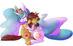 Size: 1280x808 | Tagged: safe, artist:luga12345, princess celestia, oc, oc:jsonus heartguard, alicorn, pony, canon x oc, celesonus, eyes closed, hug, shipping