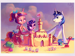 Size: 3438x2539 | Tagged: safe, artist:holivi, princess cadance, shining armor, twilight sparkle, unicorn twilight, alicorn, anthro, unguligrade anthro, unicorn, arm hooves, bare chest, beach, bikini, clothes, female, filly twilight sparkle, lilo and stitch, male, sandcastle, swimsuit, teen princess cadance, younger