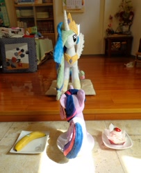 Size: 1300x1602 | Tagged: safe, artist:whitedove-creations, princess celestia, twilight sparkle, 4de, banana, behind, cake, food, implied twilestia, irl, photo, plushie, toy