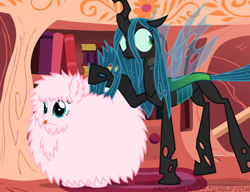 Size: 650x500 | Tagged: safe, artist:mixermike622, queen chrysalis, oc, oc:fluffle puff, changeling, changeling queen, portal