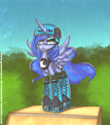 Size: 1500x1700 | Tagged: safe, artist:gamermac, princess luna, alicorn, pony, helmet, ponies in roller skates, roller skates, skates, solo