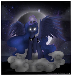 Size: 1024x1078 | Tagged: safe, artist:drawing-heart, princess luna, alicorn, pony, cloud, cloudy, glowing eyes, magic, moon, solo