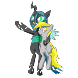 Size: 1024x1024 | Tagged: safe, artist:shirokusakabe, derpy hooves, queen chrysalis, changeling, changeling queen, pegasus, pony, female, hug, mare, x x everywhere