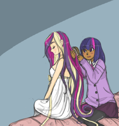 Size: 600x636 | Tagged: safe, artist:lovechafes, princess cadance, twilight sparkle, bed, brushie, grooming, humanized