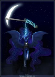 Size: 900x1248 | Tagged: safe, artist:vongrell, princess luna, alicorn, pony, magic, night, scythe, solo, stars, warrior luna