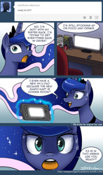 Size: 550x933 | Tagged: safe, artist:johnjoseco, princess luna, alicorn, pony, ask gaming princess luna, chips, comic, computer, computer mouse, cookie, e3, food, potato chips, soda, speakers, tumblr, wii u, wii u touchpad