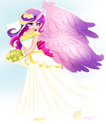 Size: 844x987 | Tagged: safe, artist:watergleam, princess cadance, clothes, dress, flower, flower in hair, horned humanization, humanized, solo, winged humanization