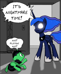 Size: 1256x1503 | Tagged: safe, edit, princess luna, oc, oc:anon filly, alicorn, pony, unicorn, exploitable meme, female, filly, glowing eyes, goofy time, meme