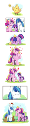 Size: 856x3491 | Tagged: safe, artist:ende26, princess cadance, shining armor, twilight sparkle, unicorn twilight, alicorn, chicken, pony, unicorn, blushing, chick, comic, exclamation point, female, filly, heart, laughing, male, mare, slice of life, stallion, trio, younger