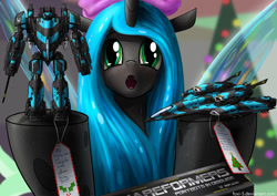 Size: 1600x1131 | Tagged: safe, artist:foxi-5, queen chrysalis, changeling, changeling queen, :o, cute, cutealis, hoof hold, jet fighter, looking at you, mecha, portrait, solo, toy, transformers