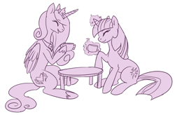 Size: 1280x838 | Tagged: safe, artist:voyeurs, princess cadance, twilight sparkle, alicorn, pony, drink, happy, smiling