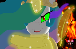 Size: 900x582 | Tagged: safe, artist:tofer18, princess celestia, alicorn, pony, dark magic, evil, just as planned, magic, scroll, solo, sombra eyes