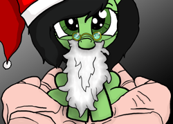 Size: 2100x1500 | Tagged: safe, artist:anon3mous1, oc, oc:anon filly, earth pony, human, pony, christmas, clothes, costume, cute, fake beard, female, filly, holding a pony, holiday, santa beard, santa costume, sitting